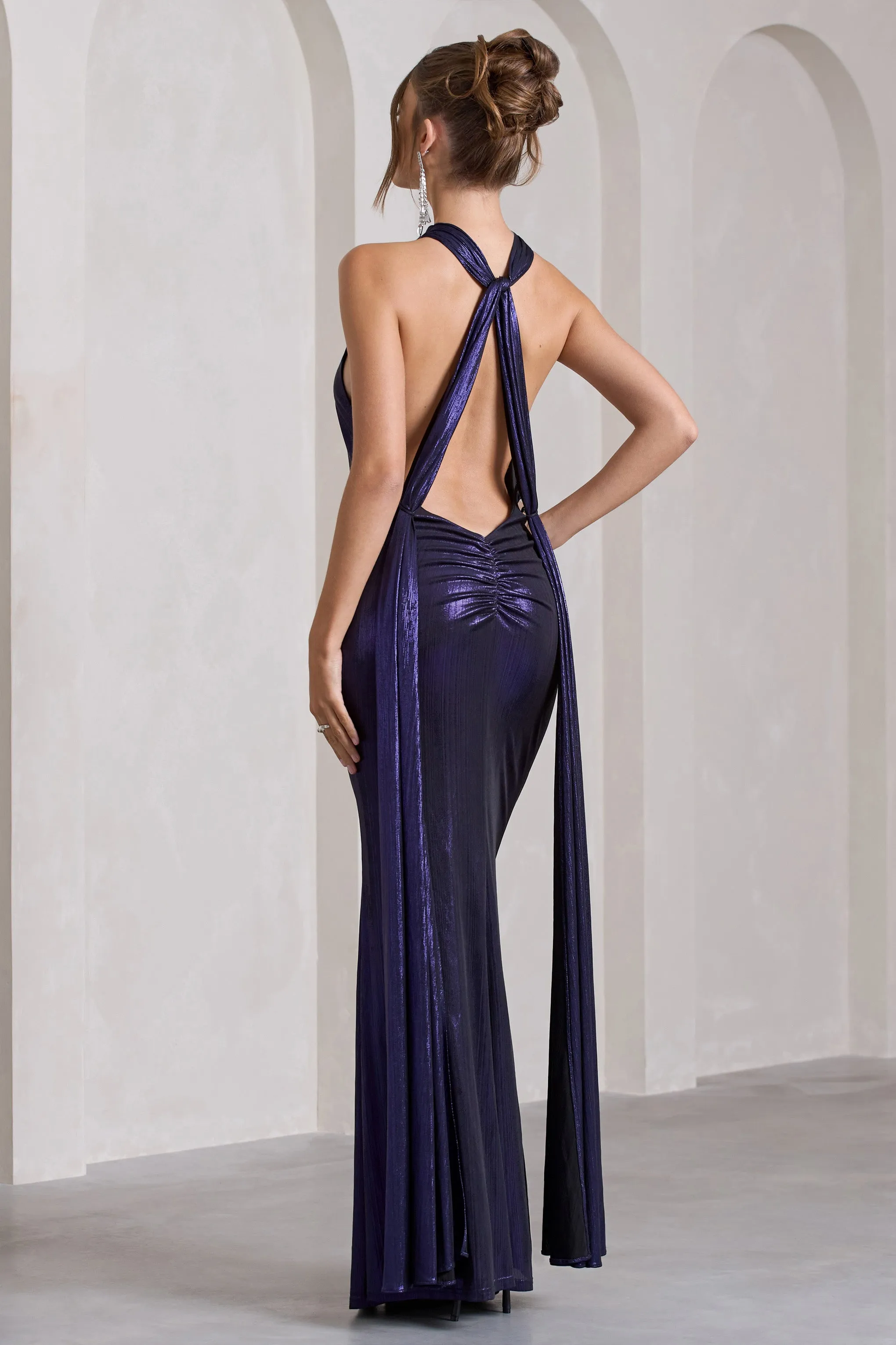 Lost | Purple Metallic Halter-Neck Cut-Out Split Maxi Dress With Drape