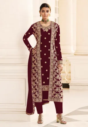 Maroon Embroidered Jacket Style Pant Suit