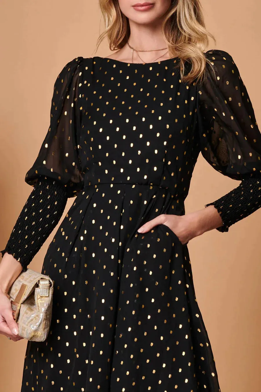 METALLIC CHIFFON PUFF SLEEVE MIDI DRESS (BLACK) CURVE