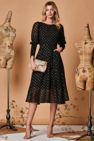 METALLIC CHIFFON PUFF SLEEVE MIDI DRESS (BLACK)