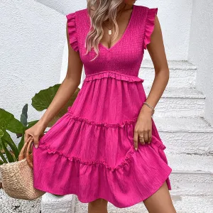 METAVERSMALL New summer new foreign trade rose red skirt  2025 small flying sleeve splicing dress