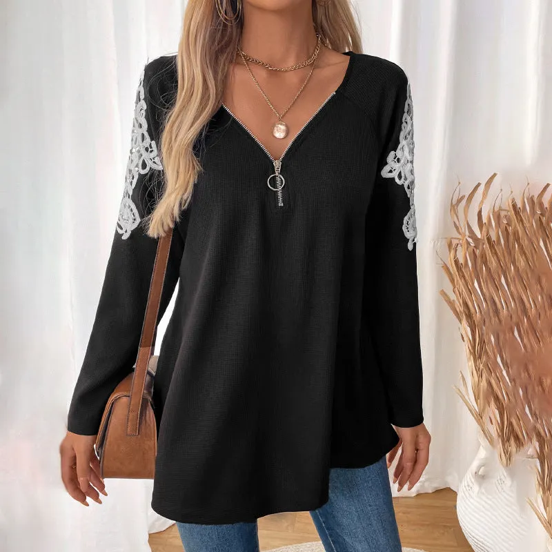 METAVERSMALL new women's lace splicing long-sleeved T-shirt versatile and comfortable 2025 classic women's top