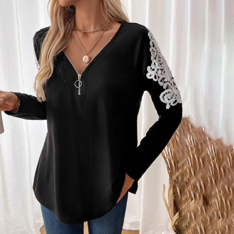 METAVERSMALL new women's lace splicing long-sleeved T-shirt versatile and comfortable 2025 classic women's top