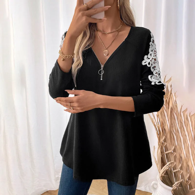 METAVERSMALL new women's lace splicing long-sleeved T-shirt versatile and comfortable 2025 classic women's top