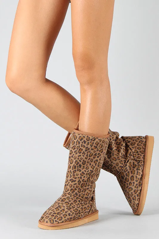 Miss Me Leopard Round Toe Mid Calf Boot