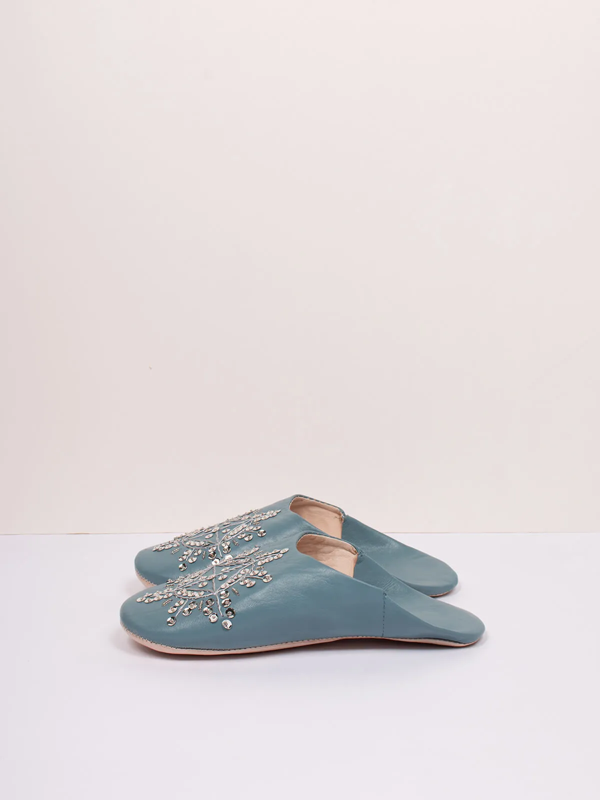 Moroccan Babouche Sequin Slippers, Slate Grey