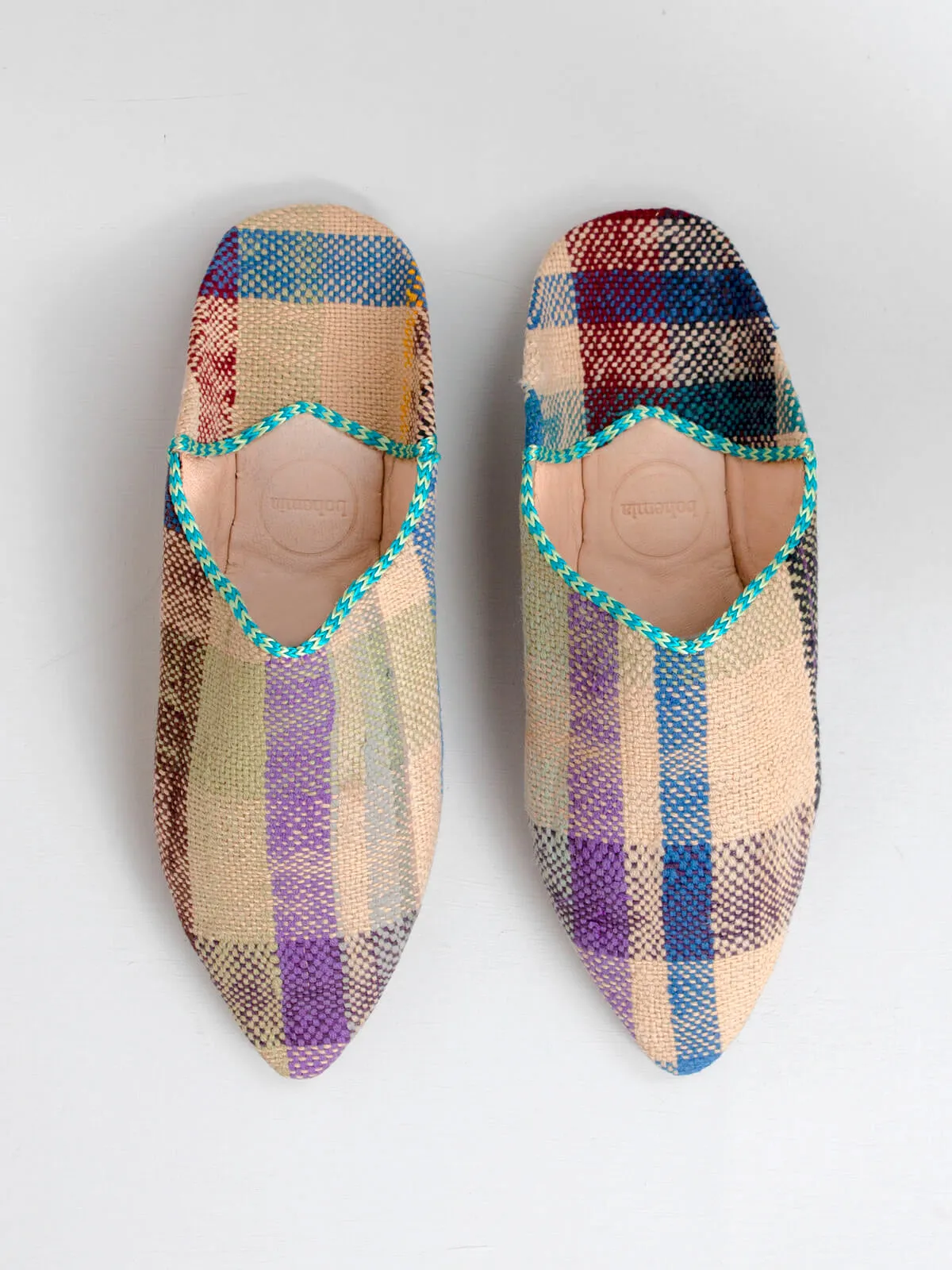 Moroccan Boujad Pointed Babouche Slippers, Natural Check