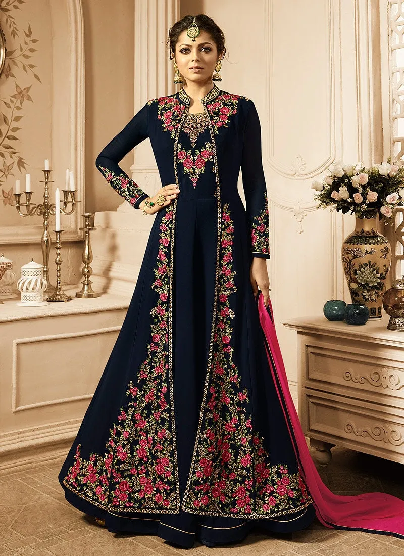 Navy Blue And Pink Jacket Style Embroidered Anarkali Suit