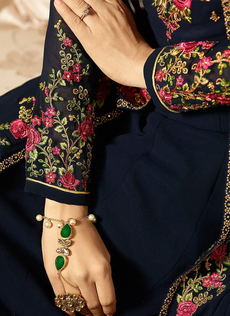 Navy Blue And Pink Jacket Style Embroidered Anarkali Suit