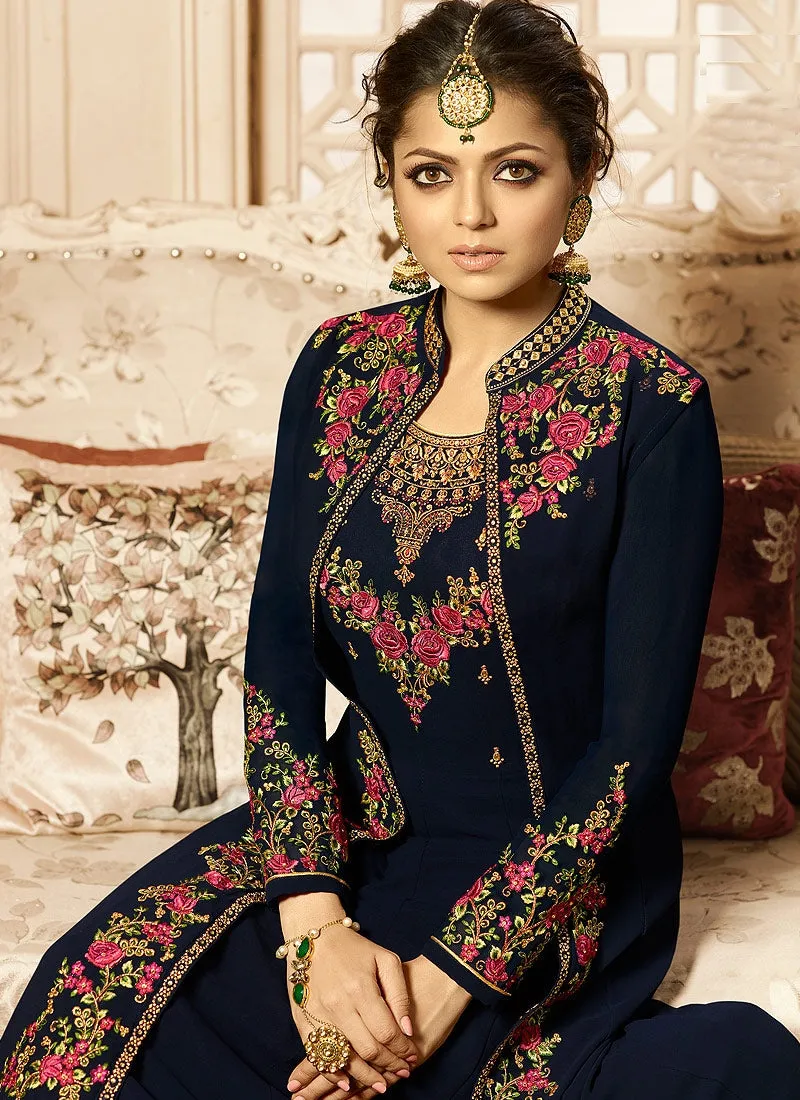 Navy Blue And Pink Jacket Style Embroidered Anarkali Suit