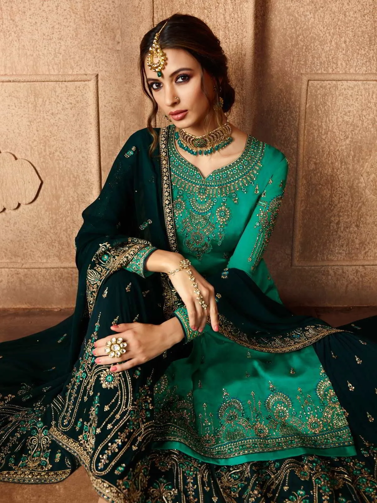 Navy Blue And Turquoise Embroidered Pakistani Gharara Suit