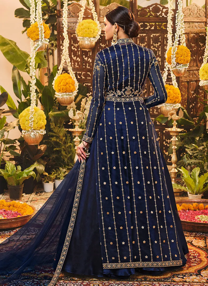 Navy Blue Embroidered Jacket Style Wedding Lehenga