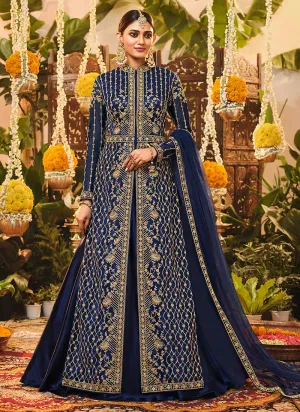 Navy Blue Embroidered Jacket Style Wedding Lehenga