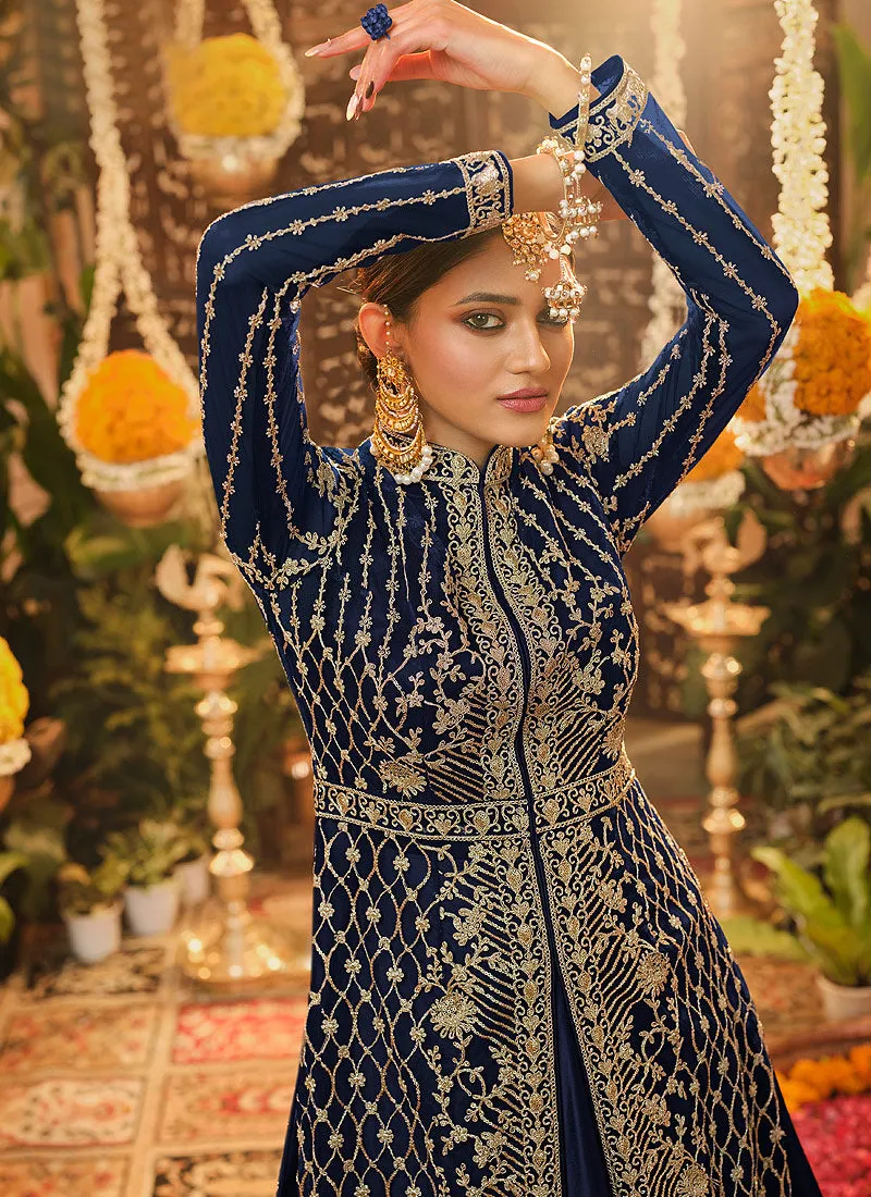 Navy Blue Embroidered Jacket Style Wedding Lehenga