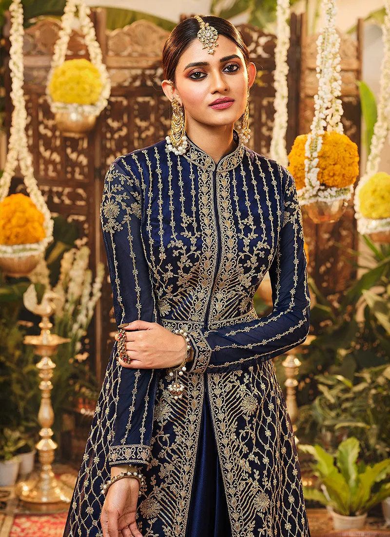 Navy Blue Embroidered Jacket Style Wedding Lehenga