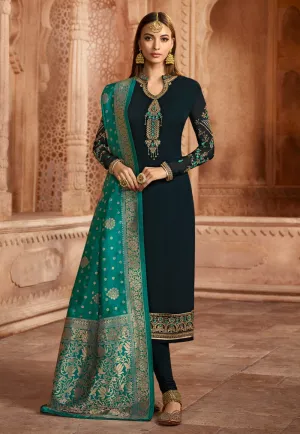 Navy Blue Embroidered Satin Churidar Suit