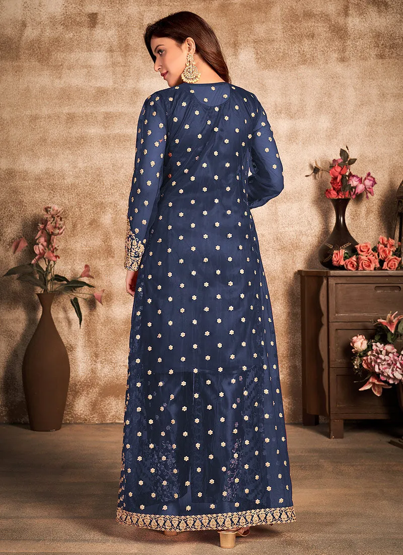 Navy Blue Traditional Embroidered Jacket Style Pant Suit