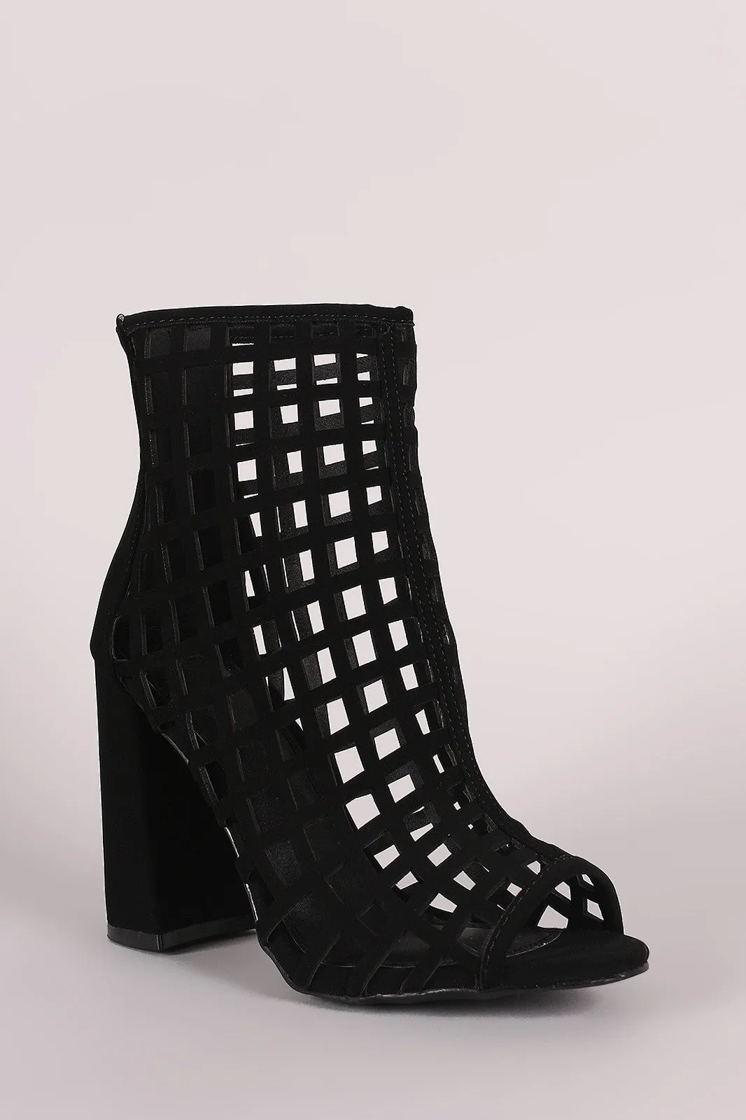 Nevia -  Chunky Heeled Peep Toe Cage Booties