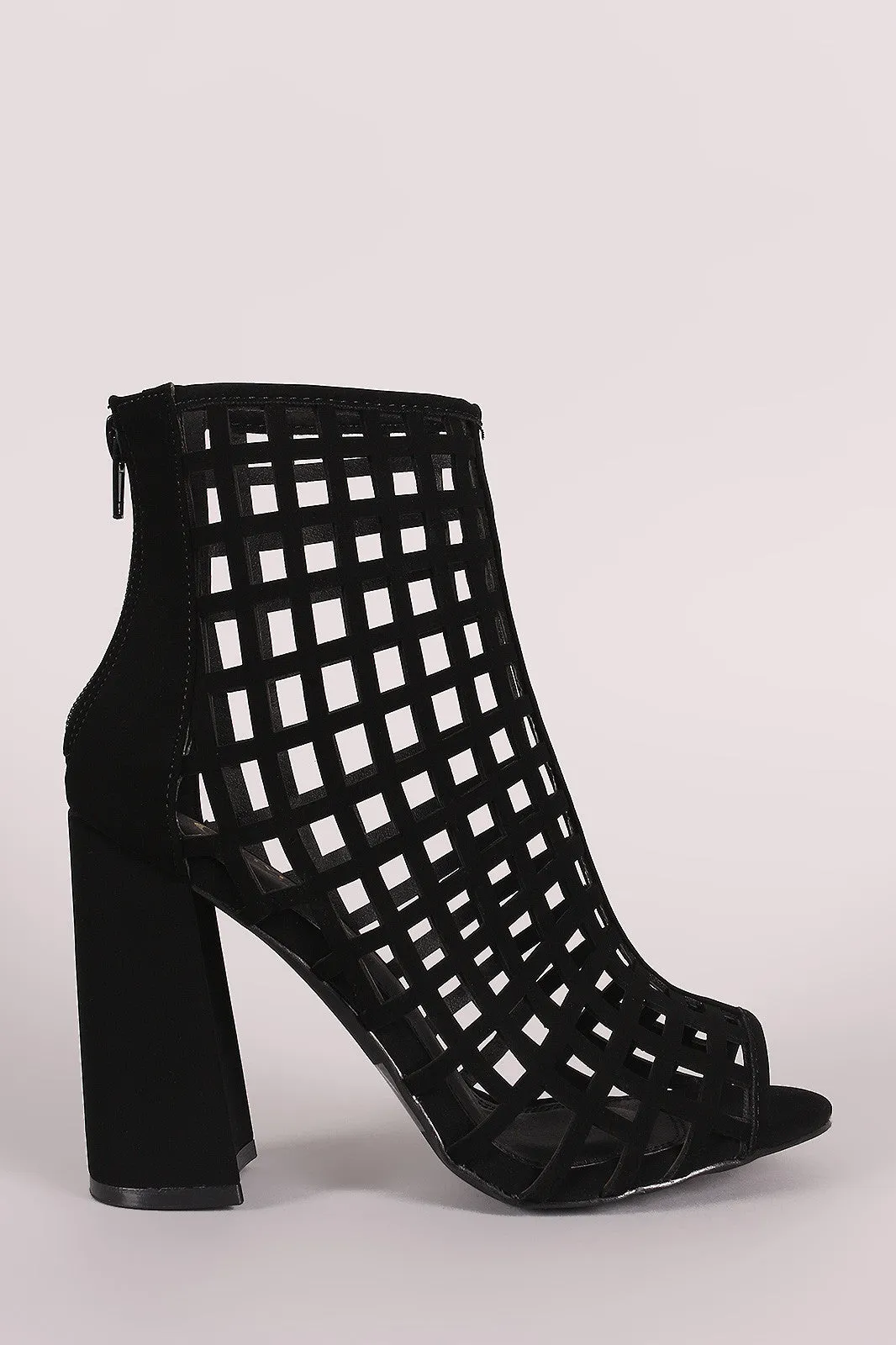 Nevia -  Chunky Heeled Peep Toe Cage Booties