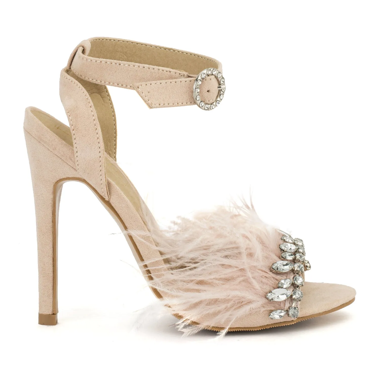 Nude Diamante Feather High Heels