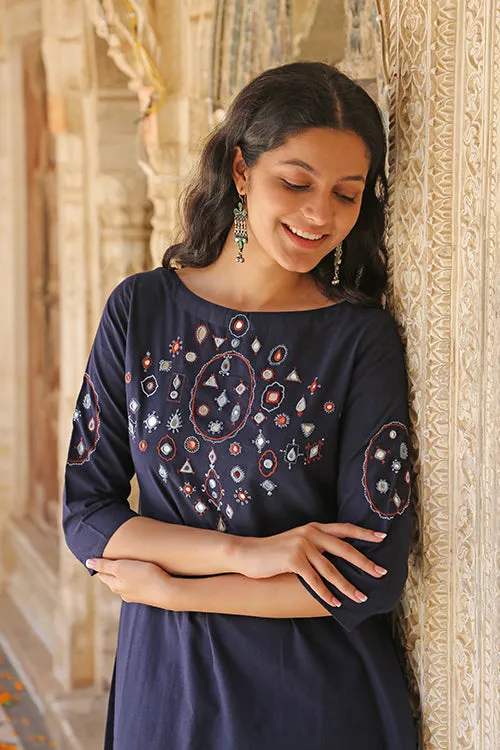 Okhai 'Riverbank' Pure Cotton Hand Embroidered Mirror Work Kurta