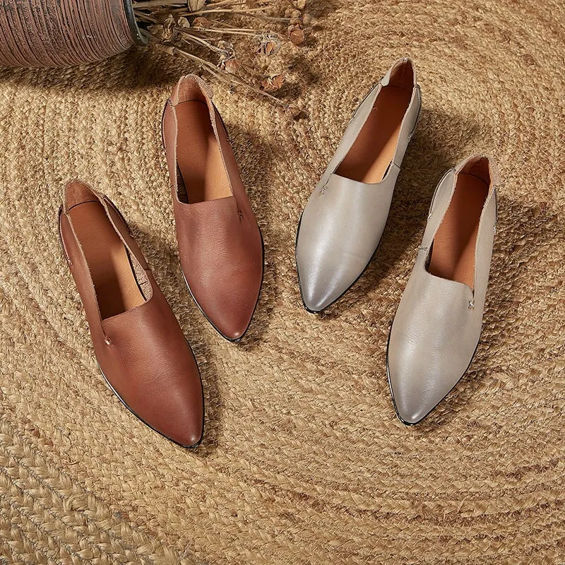 Original Handmade Soft Leather Pointed Toe Flats in Coffee/Grey