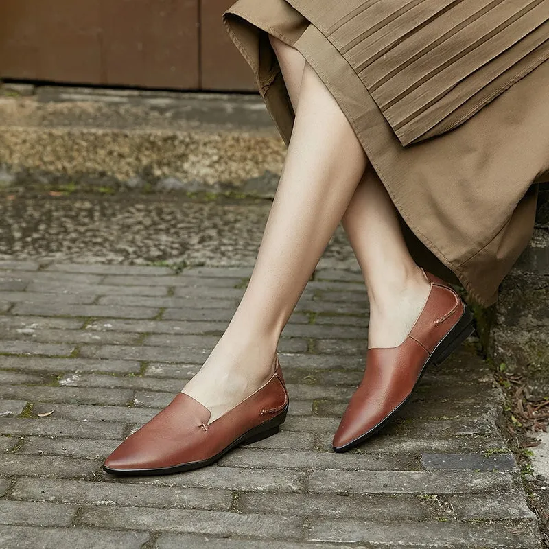 Original Handmade Soft Leather Pointed Toe Flats in Coffee/Grey