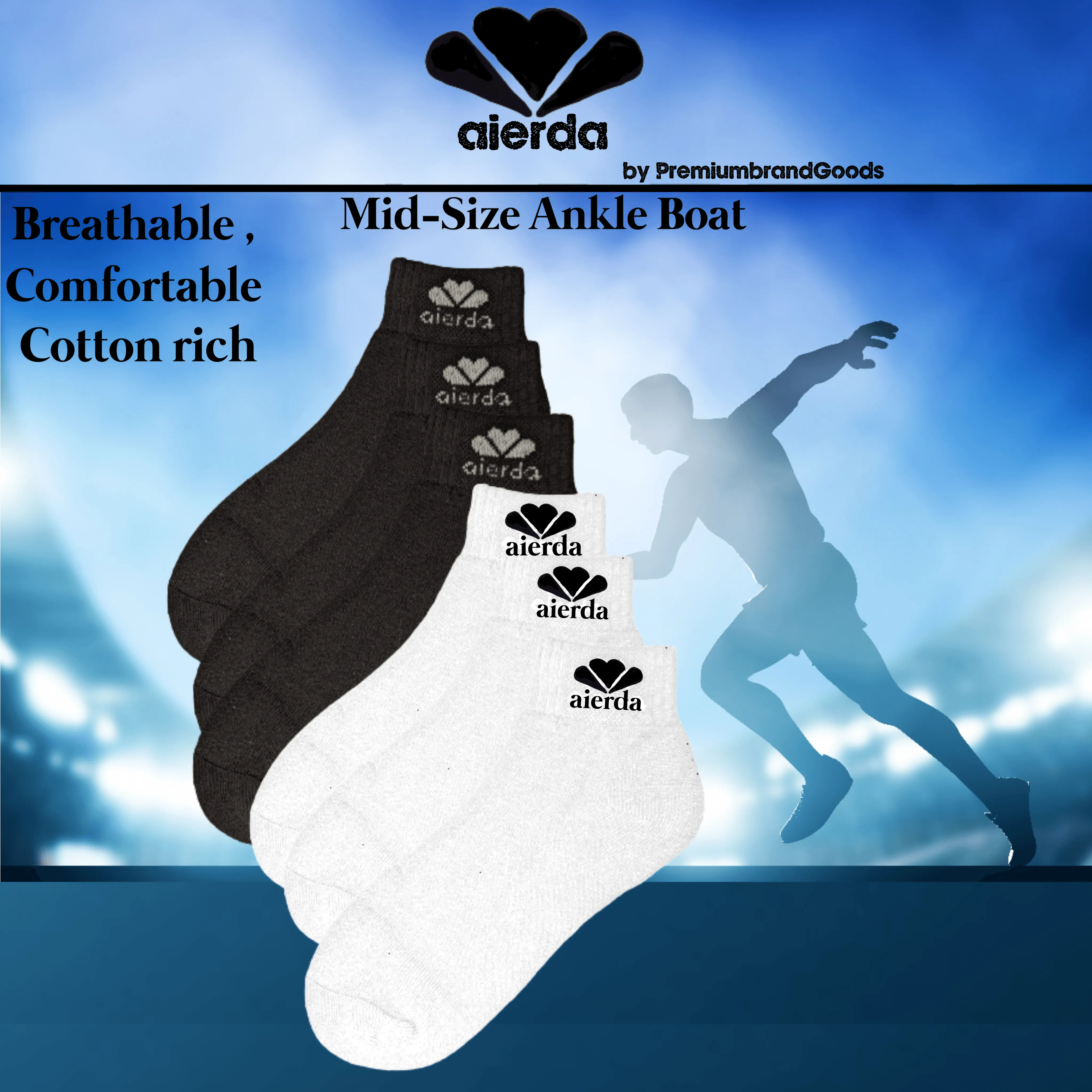 PBG Active Men's Pure Athlete Socks, Ankle Boot Length, Cotton-Rich, Black/White (6 Pair)