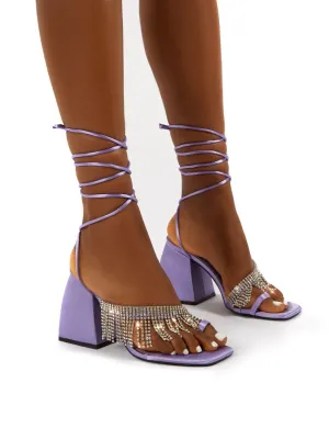 Peri Lilac Lace Up Diamante Fringe Detail Toe Loop Chunky Heel