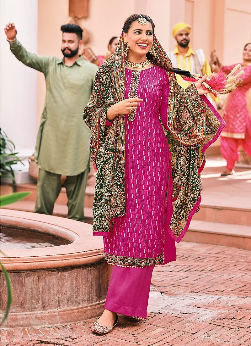 Pink And Green Kashmiri Embroidered Designer Palazzo Suit