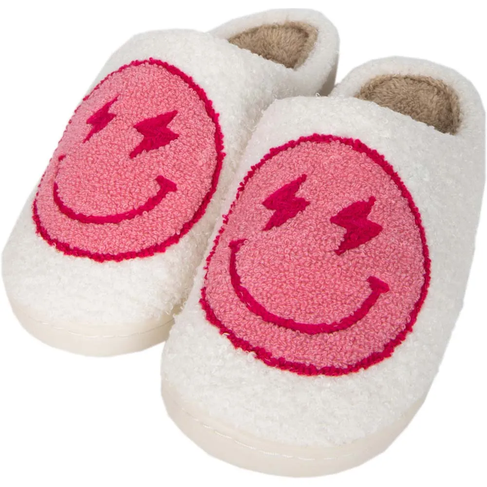 Pink And White Lightning Happy Face Wholesale Fuzzy Slippers