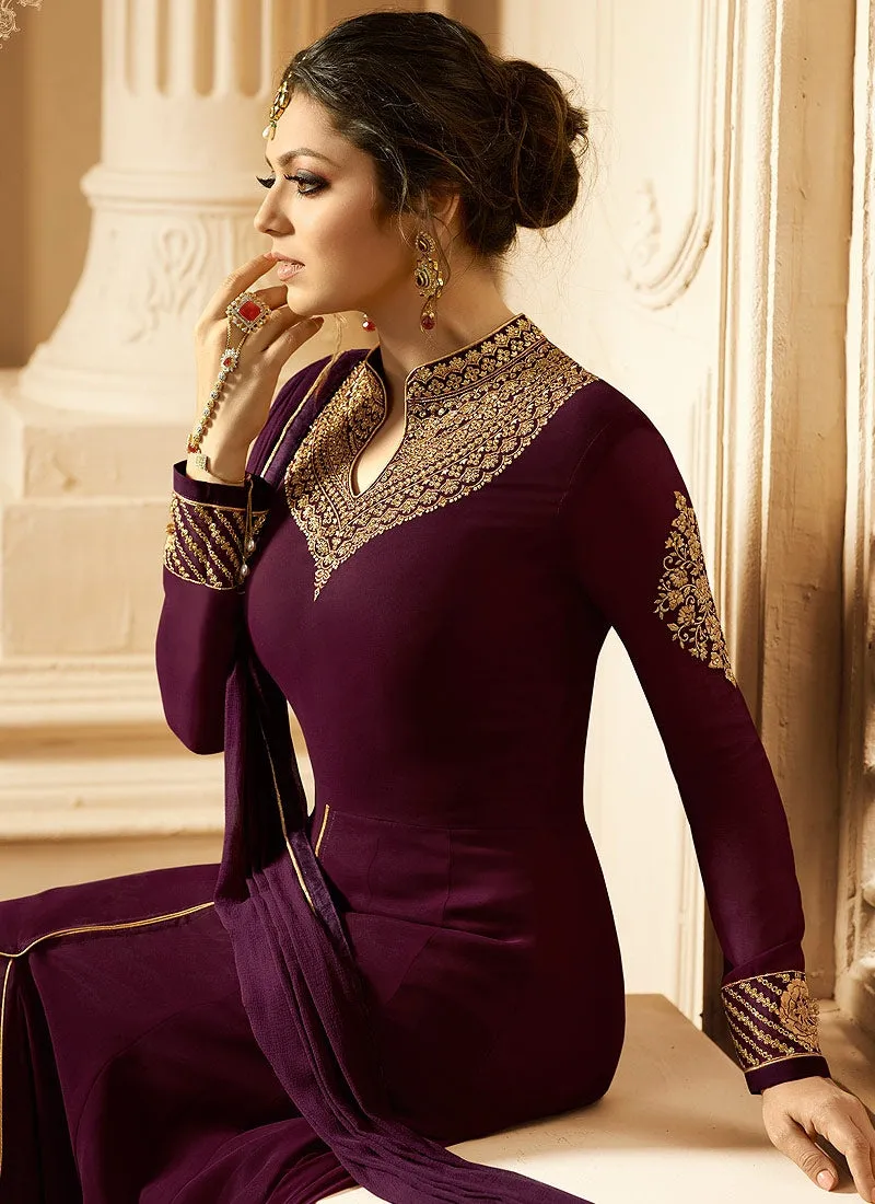 Plum With Gold Ghera Detail Embroidered Anarkali Pant Suit