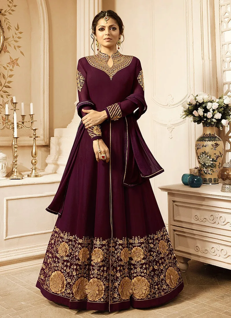 Plum With Gold Ghera Detail Embroidered Anarkali Pant Suit