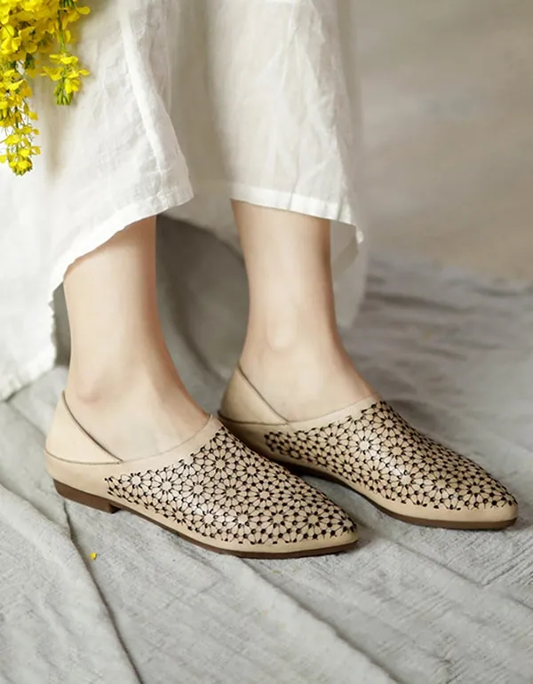 Pointed Toe Hollow Handmade Retro Leather Flats