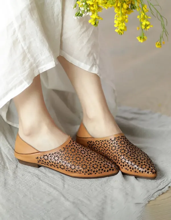 Pointed Toe Hollow Handmade Retro Leather Flats