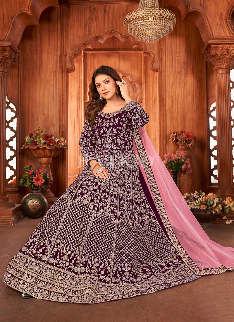 Purple Embroidery Traditional Velvet Anarkali Suit