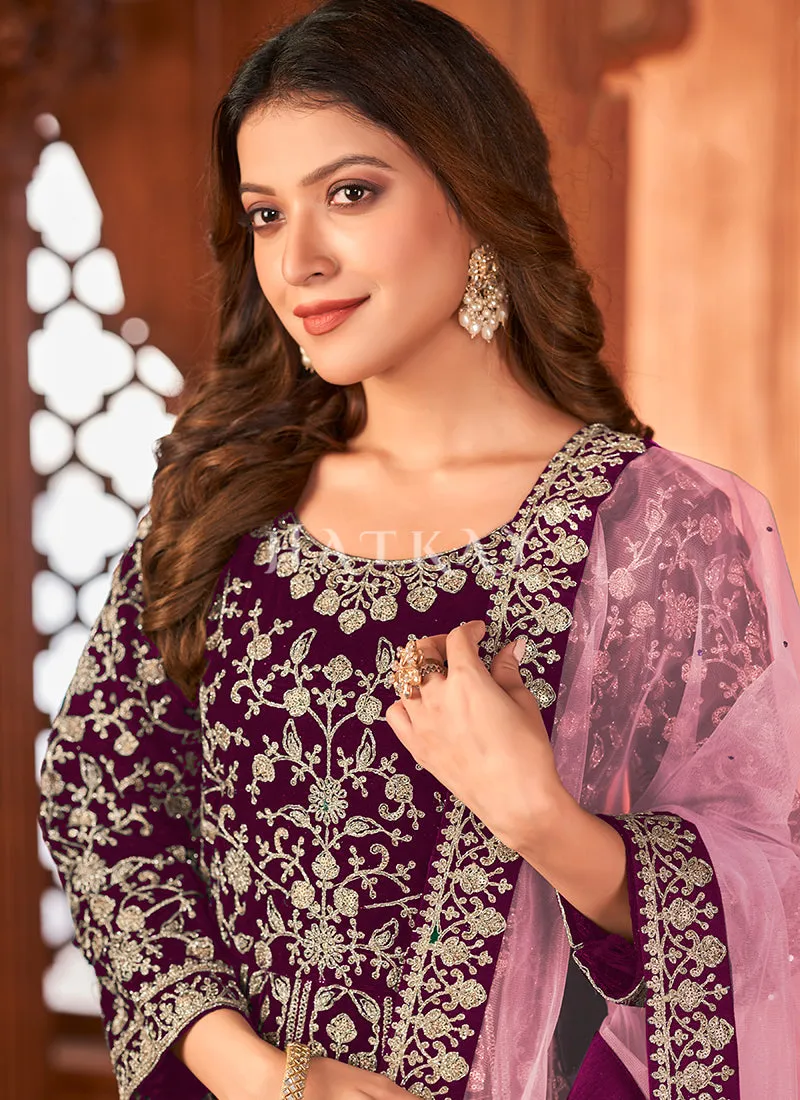 Purple Embroidery Traditional Velvet Anarkali Suit