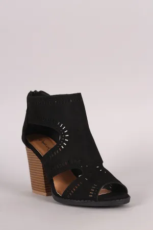 Qupid Perforated Cutout Suede Chunky Heel