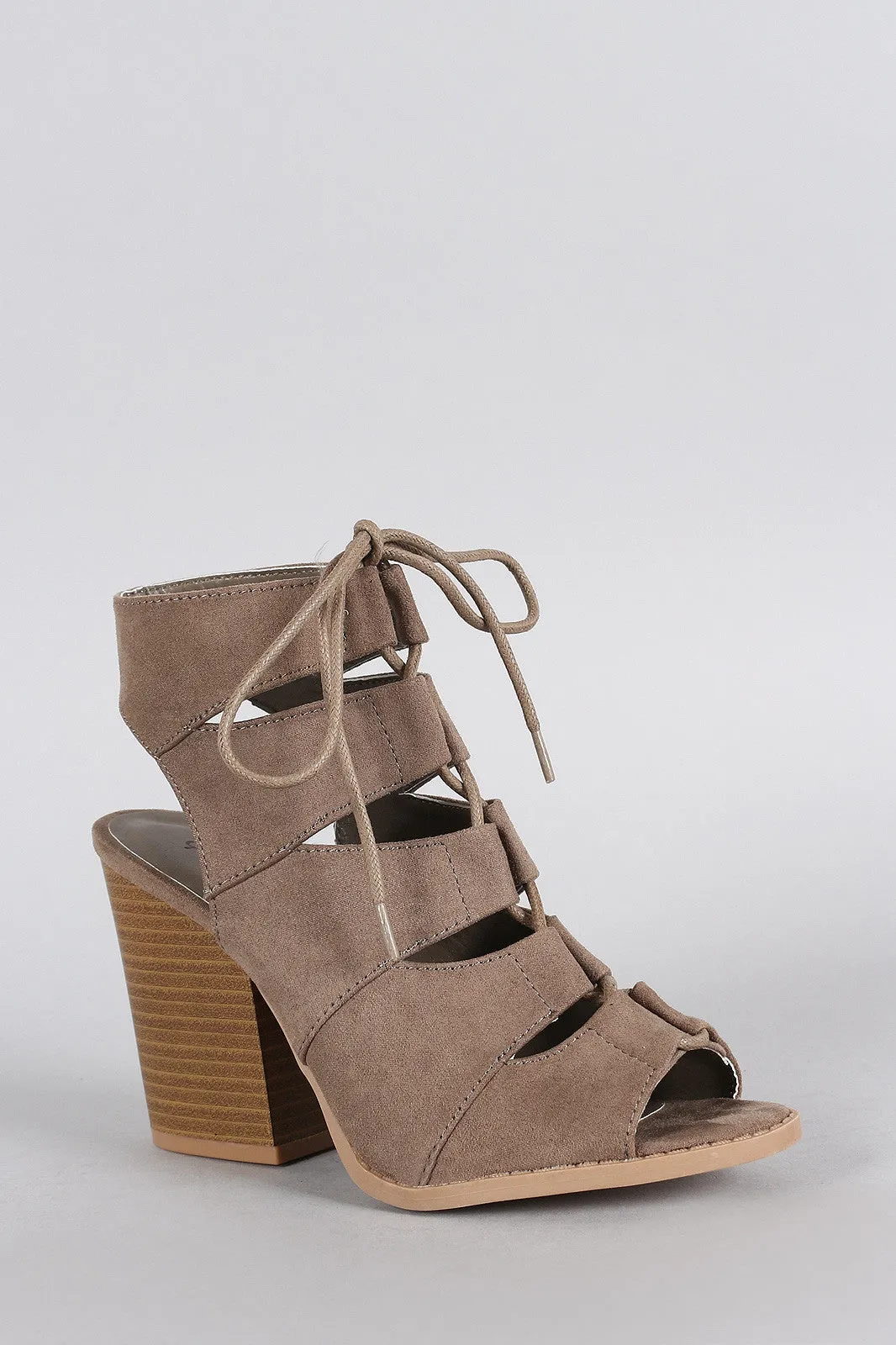 Qupid Suede Slit Cutout Lace Up Chunky Heel