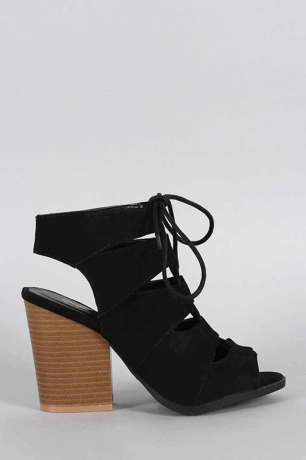 Qupid Suede Slit Cutout Lace Up Chunky Heel