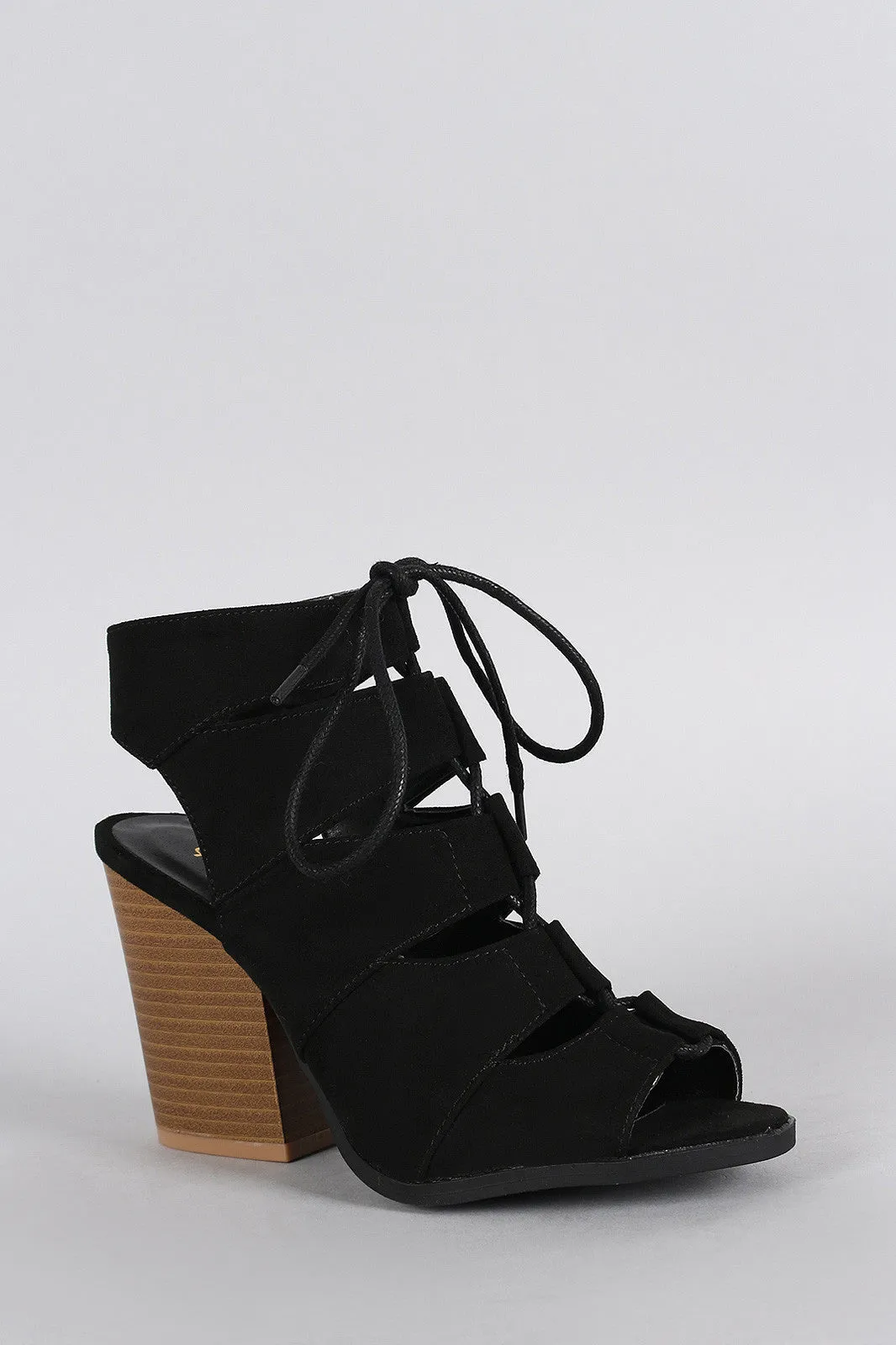 Qupid Suede Slit Cutout Lace Up Chunky Heel