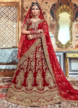 Red Bridal Velvet Hand Embroidered Lehenga Choli