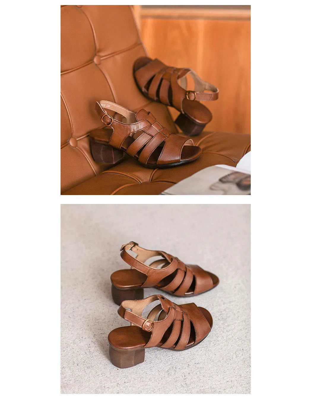 Retro Leather Open Toe Chunky Heels Sandals Slingback