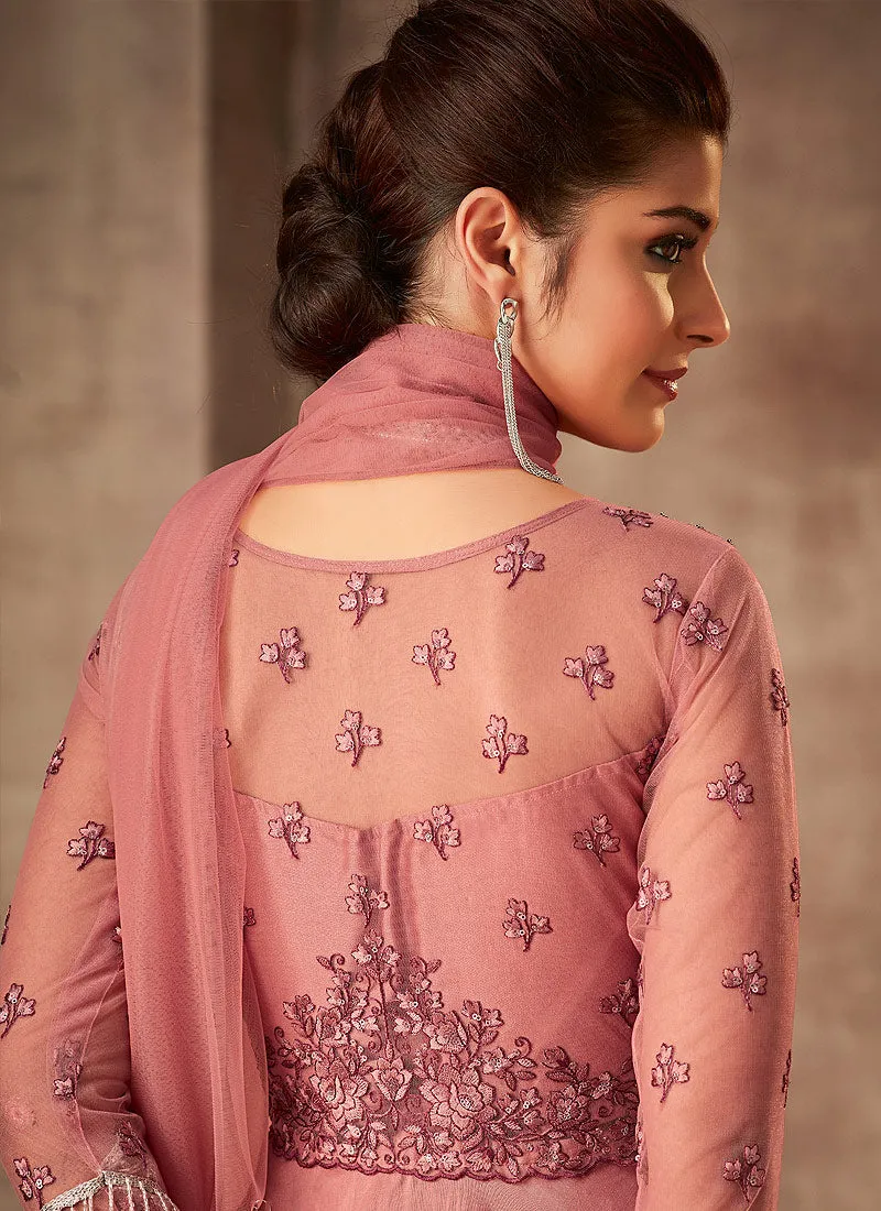 Rose Pink Embroidered Party Wear Anarkali Gown