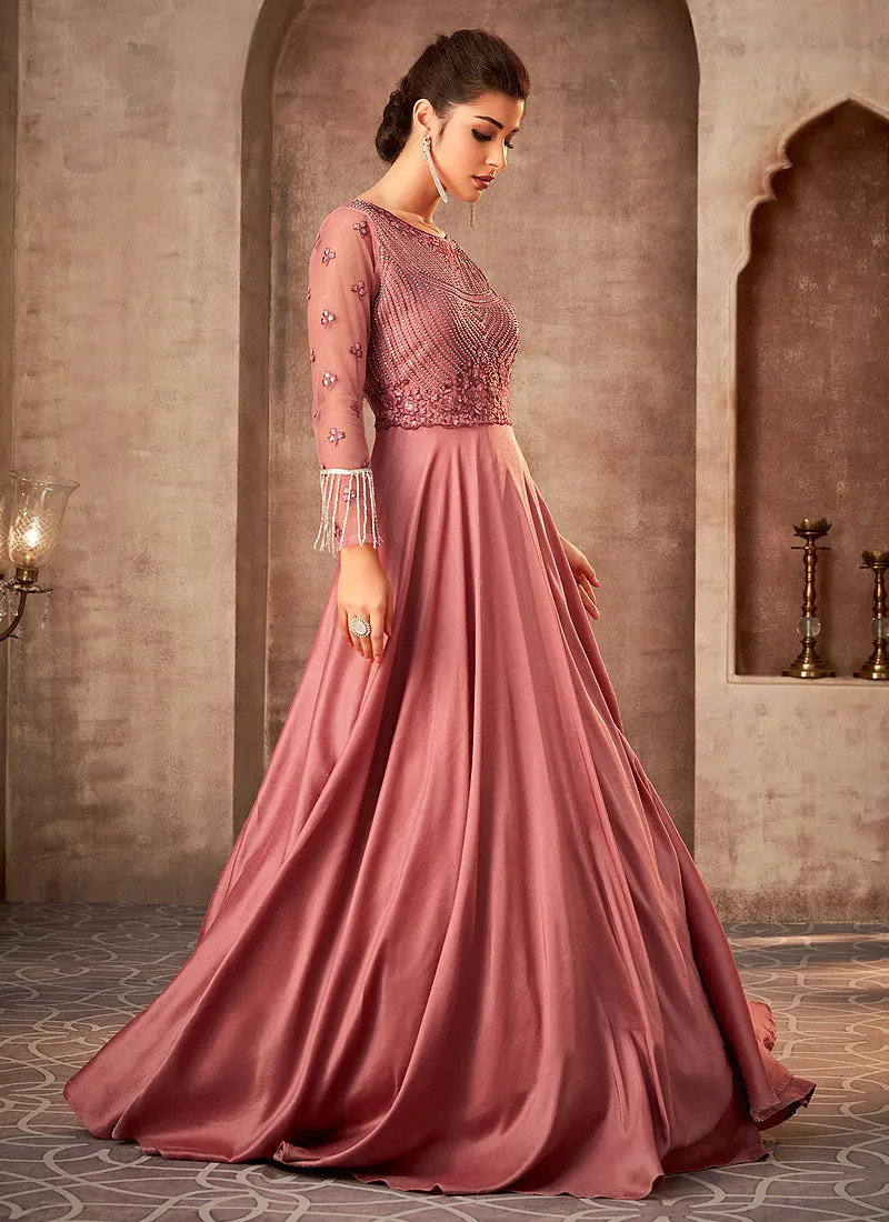 Rose Pink Embroidered Party Wear Anarkali Gown