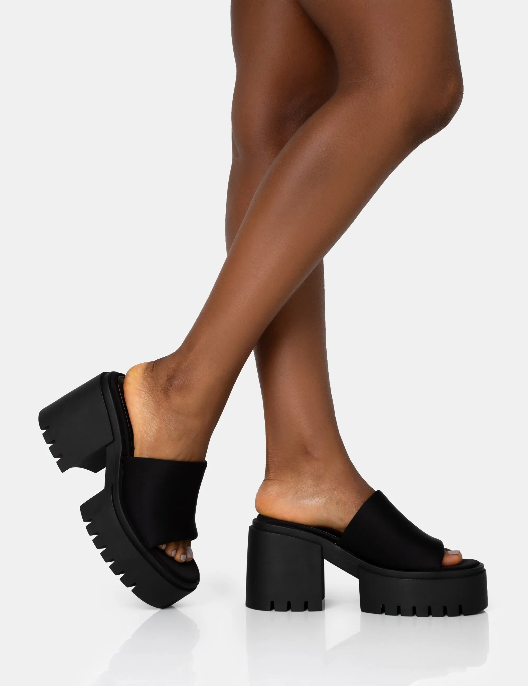 Sabeena Black Chunky Mule Round Toe Mid Heel Sandals