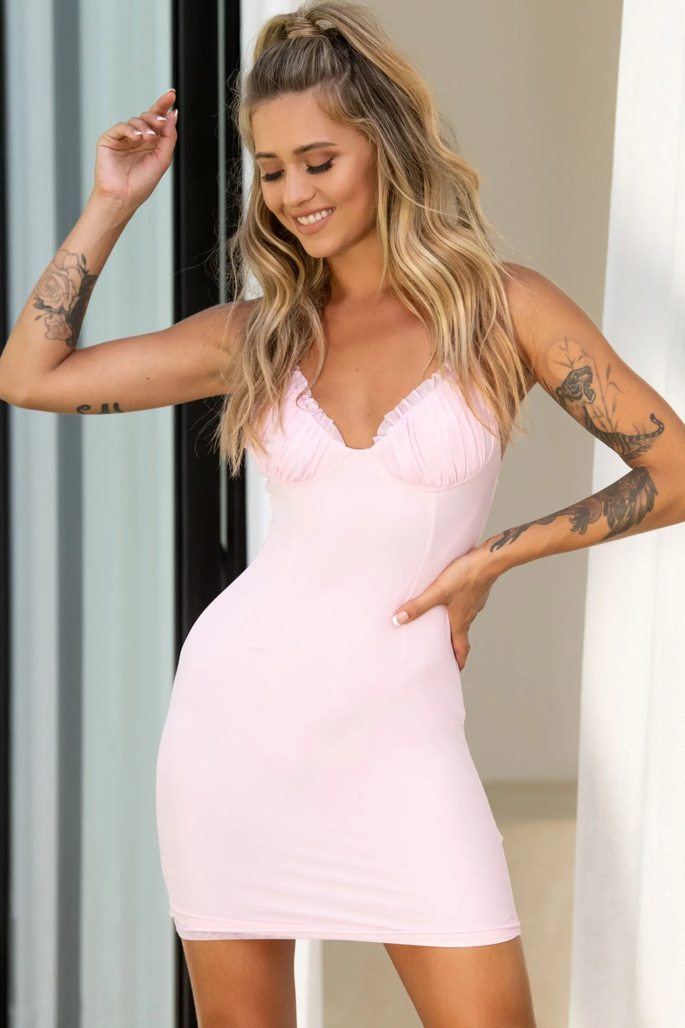 So She Says Molded Bust Cup Mini Dress Baby Pink