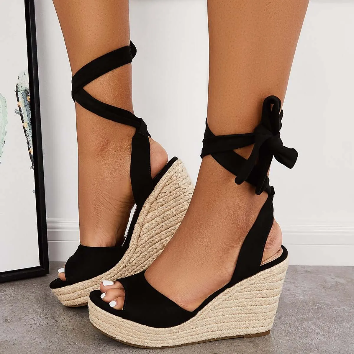 Sohiwoo Women Lace up Espadrille Heel Platform Wedges Ankle Strap Sandals