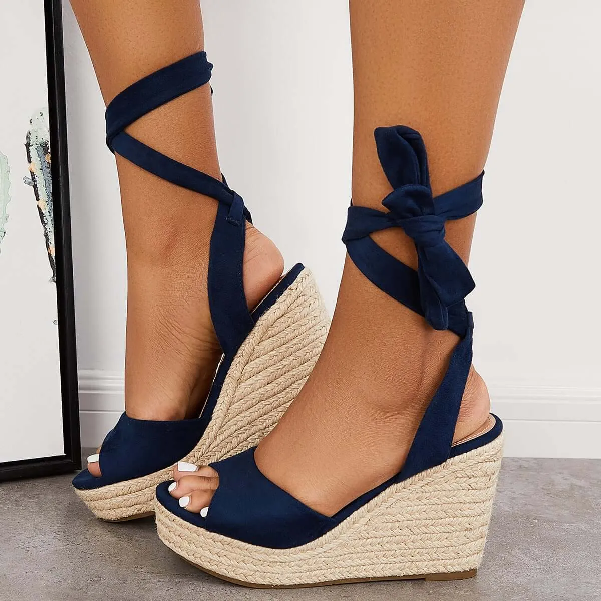 Sohiwoo Women Lace up Espadrille Heel Platform Wedges Ankle Strap Sandals