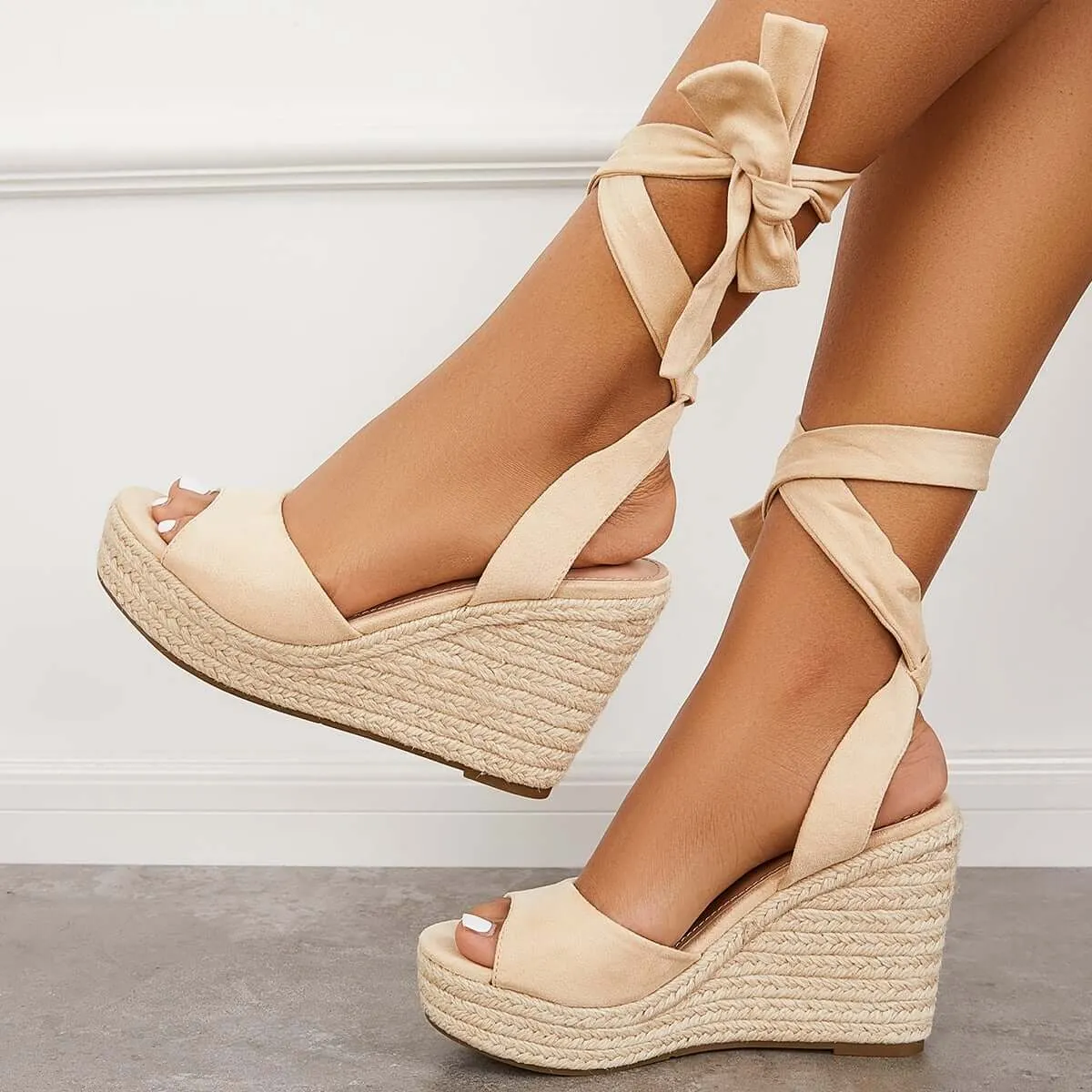 Sohiwoo Women Lace up Espadrille Heel Platform Wedges Ankle Strap Sandals